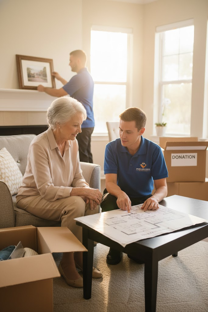 Friendly movers assisting a senior client with belongings